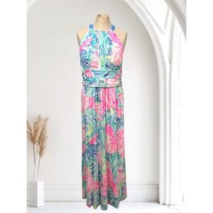 Lilly Pulitzer L Martina Beach Please Maxi Sun Dress Pink Blue Bow Halter Neck‎